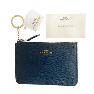 COACH F57854 NWT Marina Blue Crossgrain Leather Gold Key Chain Gusset Zip Pouch